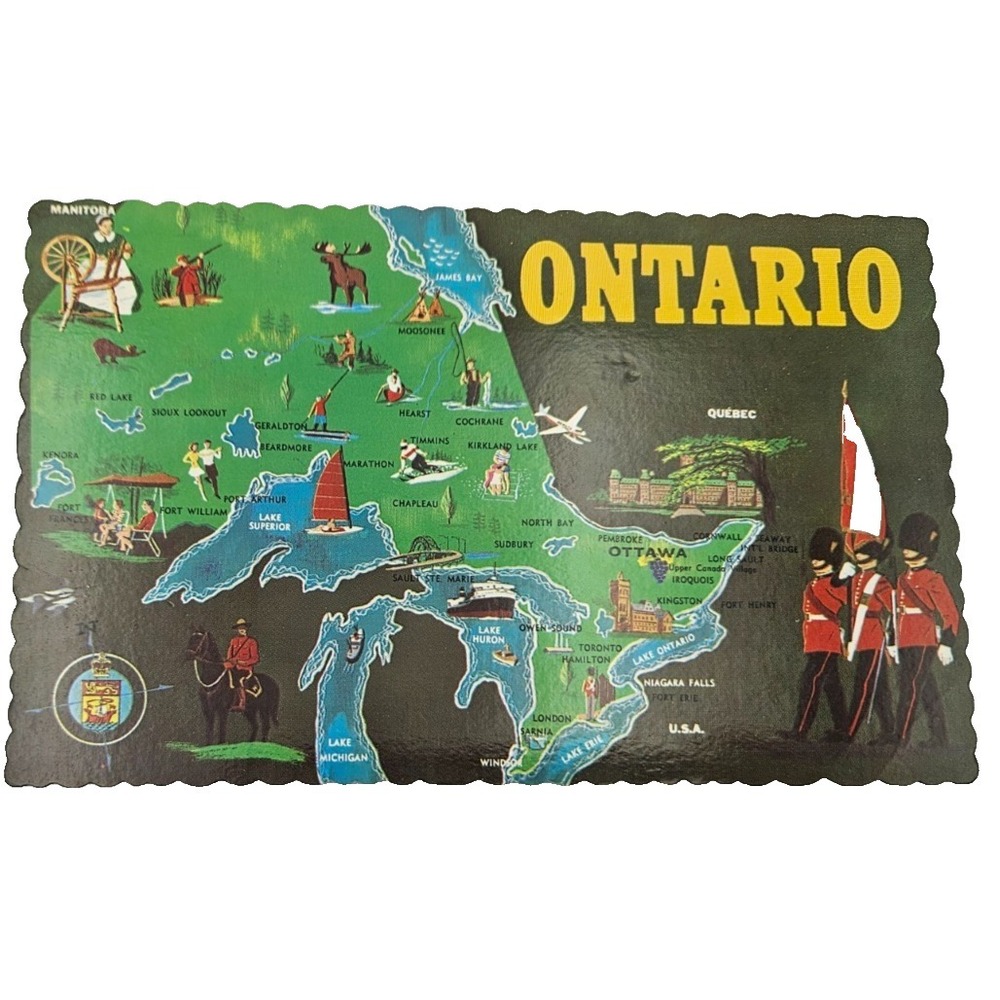 Ontario Canada Map Postcard Vintage Illustrated Travel Souvenir 1960s